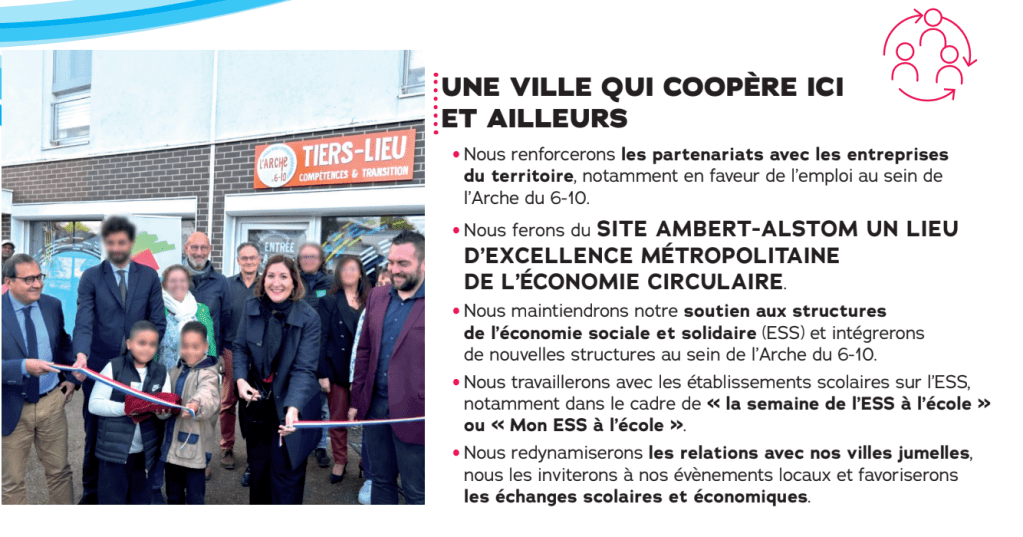 UNE VILLE QUI COOPÈRE ICI ET AILLEURS


Nous renforcerons les partenariats avec les entreprises du territoire, notamment en faveur de l'emploi au sein de l'Arche du 6-10.

Nous ferons du SITE AMBERT-ALSTOM UN LIEU D'EXCELLENCE MÉTROPOLITAINE DE L'ÉCONOMIE CIRCULAIRE

Nous maintiendrons notre soutien aux structures de l'économie sociale et solidaire (ESS) et intégrerons de nouvelles structures au sein de l'Arche du 6-10.

Nous travaillerons avec les établissements scolaires sur l'ESS, notamment dans le cadre de "la semaine de l'ESS à l'école" ou "Mon ESS à l'école"

Nous redynamiserons les relations avec nos villes jumelles. nous les inviterons à nos évènements locaux et favoriserons les échanges scolaires et économiques